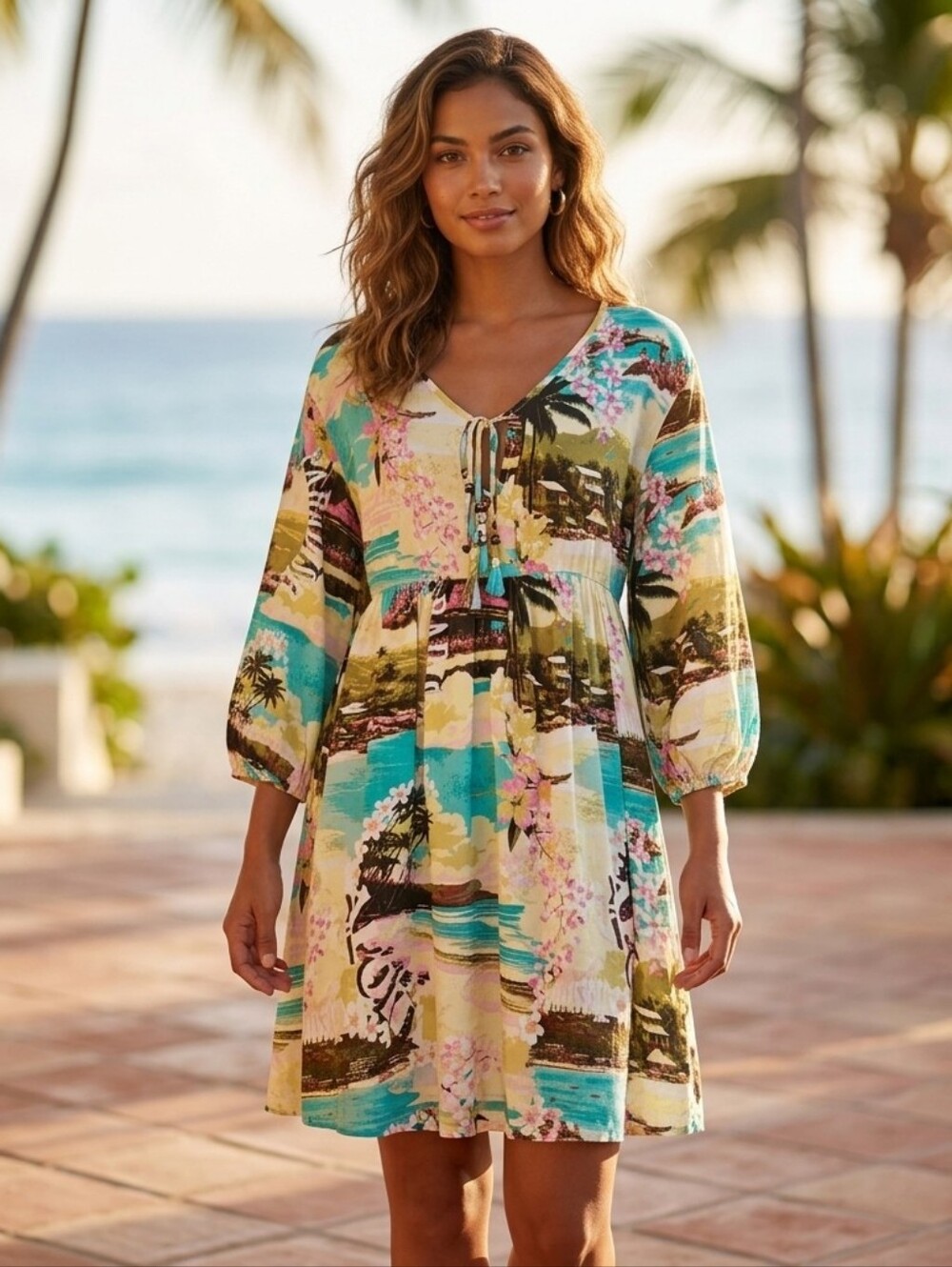 Label of Love Hawaiian Tropical Print Mini Dress NWT Sz L Paradise Aloha Rayon